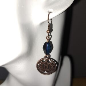 Lotus Flower and Irridescent Bead Copper Dangle Earrings